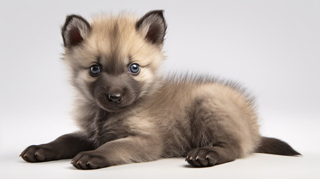 Adorable baby wolf pup with light blue eyes and fluffy fur
