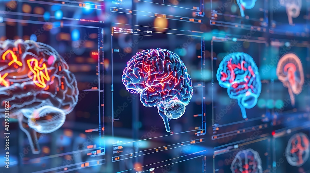 Poster brain scan images on futuristic transparent displays with glowing neural activity, signifying neurol