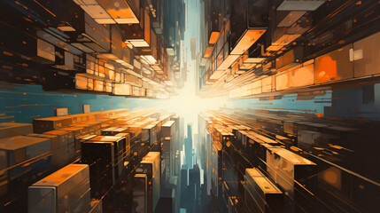Stunning perspective view of a futuristic city with tall buildings reaching towards the sky, bathed in warm sunlight, conveying a sense of awe and aspiration.