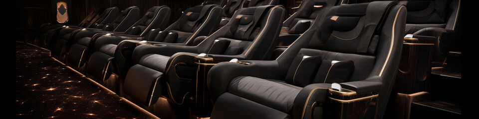 Obraz premium Black leather luxury cinema chairs in a modern theater with golden cup holder and golden lights on the walls.