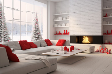 Bright airy living room with fireplace and large windows decorated for Christmas in red and white colors