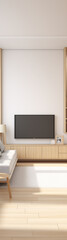 Fototapeta premium Bright and airy living room with a large white wall, perfect for displaying art or photos.