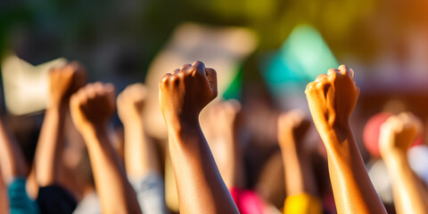 Crowd raises fists, a symbol of protest and change.