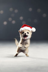 Adorable baby Fennec fox wearing a red Santa hat, isolated on a soft grey background with a sprinkling of fairy lights.