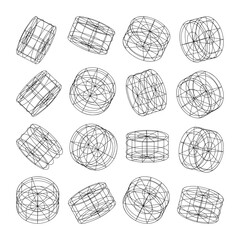 Wireframe lined shapes. Perspective mesh, 3d grid. Low poly geometric elements. Retro futuristic design elements, y2k, vaporwave and synthwave style. Vector illustration