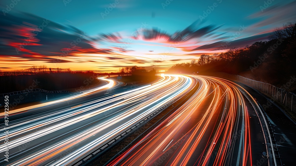 Poster long exposure of a highway at night with light streaks from traffic, creating dynamic lines