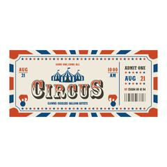 Retro circus ticket template. Admit one. Vector illustration
