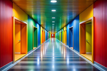 Fototapeta premium A long hallway with many doors in different colors
