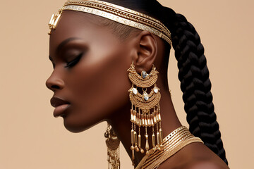 Stunning portrait of a Nubian queen wearing a golden headpiece and earrings, conveying elegance and power.