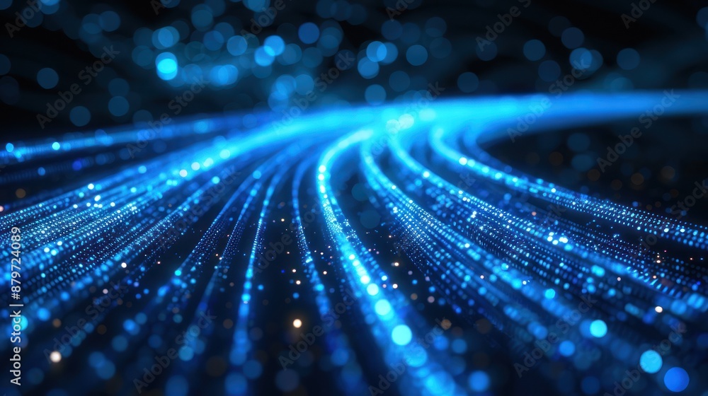 Poster abstract glowing blue lines and particles forming a dynamic futuristic path, representing technology