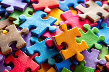 Fototapeta premium A pile of colorful jigsaw puzzle pieces. The pieces are of different colors and sizes, and they are scattered all over the image. Concept of creativity and fun