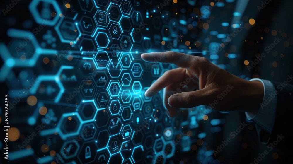 Poster close-up of a hand interacting with futuristic digital interface, featuring hexagonal shapes and hol