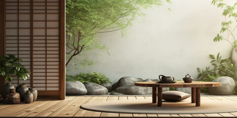 Tranquil Zen garden with a tea table, rocks, and plants, with a minimalist design and neutral colors, promoting a sense of peace and serenity.