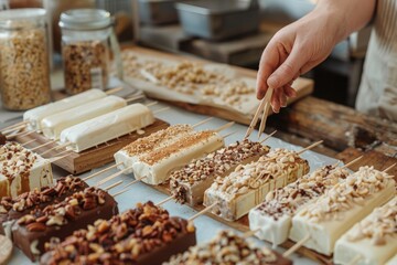 A close-up shot of a hand carefully adding toppings to a row of ice cream bars, showcasing an artisan process in a workshop setting