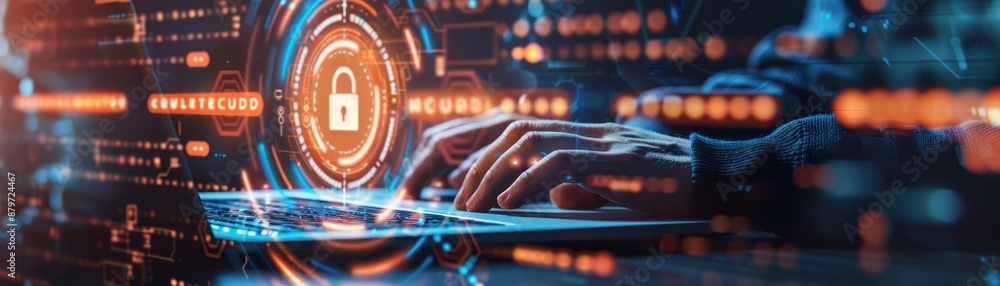 Poster close-up of hands typing on a laptop with a digital lock icon, representing cybersecurity and data p