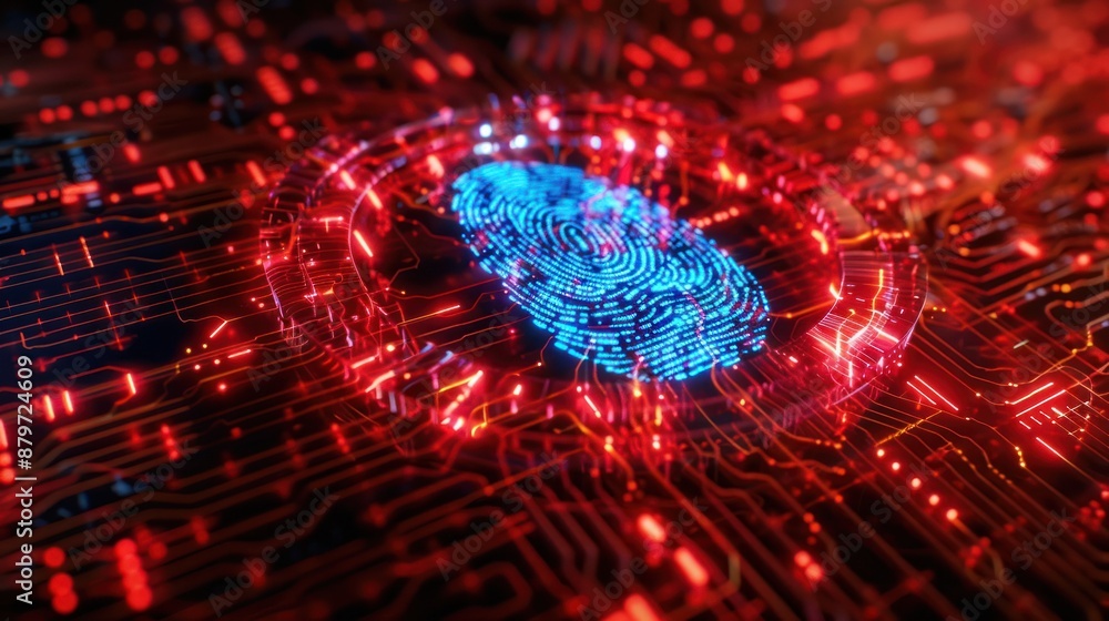 Poster digital fingerprint on an illuminated circuit board representing cybersecurity, technology, and biom