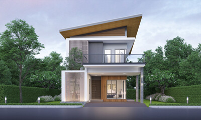 Modern house exterior evening view with lawn grass.3d rendering