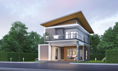 Modern house exterior evening view with lawn grass.3d rendering