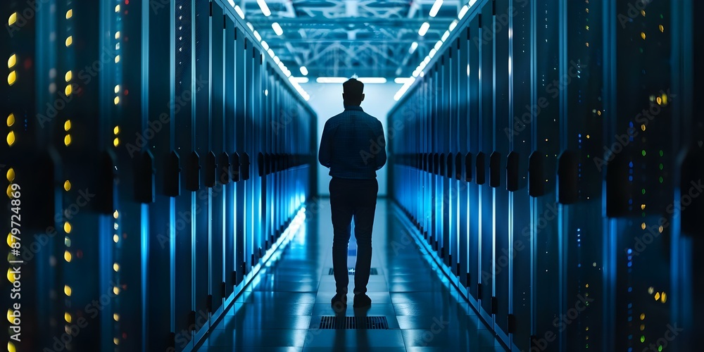 Aufkleber monitoring computer servers in a high-tech facility for data security cybersecurity specialist's rol