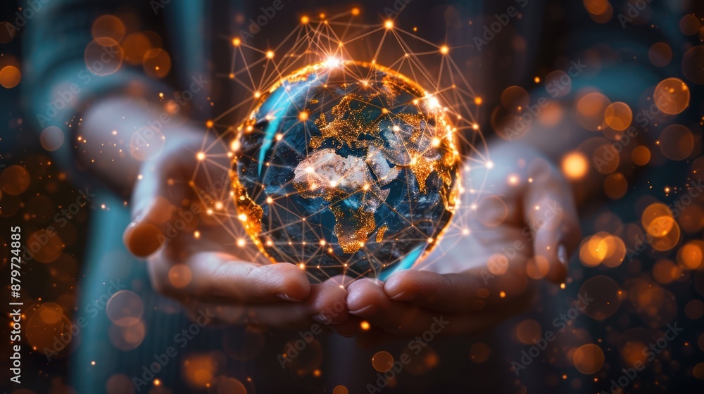 Poster hands holding a glowing, interconnected globe symbolizing global communication, technology, and conn
