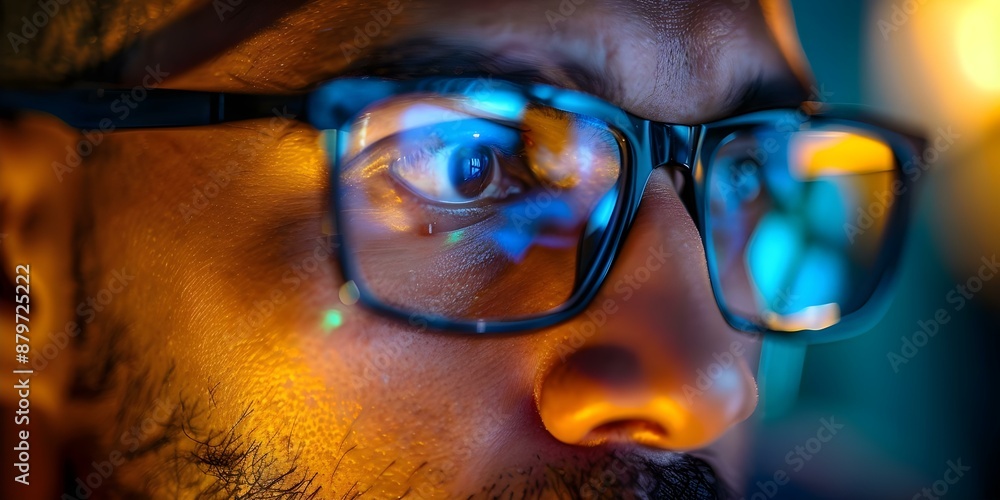 Poster developer wearing glasses focused on coding software with closeup eye. concept software development,