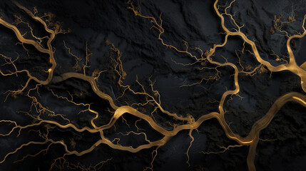 Top view of golden rivers on rocky black background