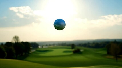 Golf ball flying on golf court. Close up shot of a golf club hitting a ball, close-up, no people. Green grass on the golf course. Sport concept 4k video