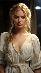 Fototapeta premium a woman with long blonde hair and a white dress with a braid