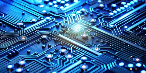 Glowing Blue Circuit Board Close-Up, Circuitry, Electronics, Technology, Hardware