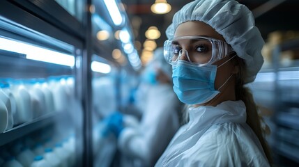 A lab worker in protective gear does research in a cleanroom environment.