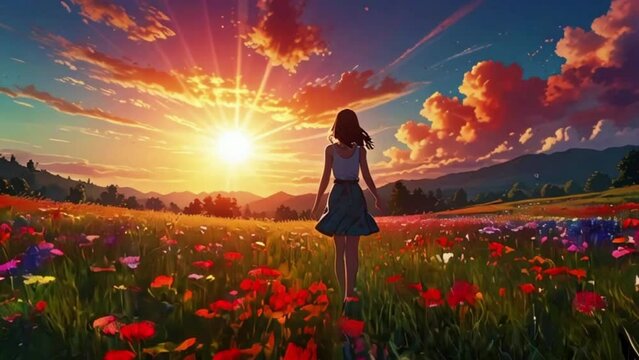 The woman explores a fantasy world where flowers burst from the ground with every touch, and the sun radiates patterns reminiscent of 70s posters, creating an ever-changing landscape, 4K 2D Japanese