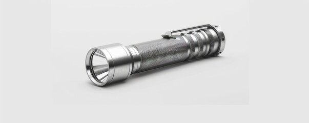 Isolated silver metal flashlight on white background mockup, 4K hyperrealistic photo