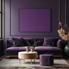 3D render of a mock-up poster in a dark violet monochrome modern living room interior.