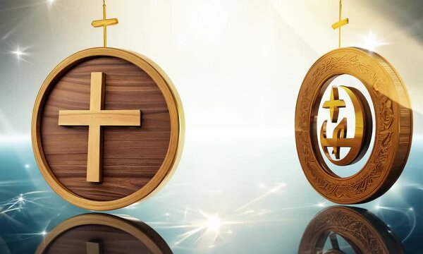  Religious symbols. Christianity cross, Islam crescent, Buddhism dharma wheel, Hinduism aum, Judaism David star, Taoism yin yang