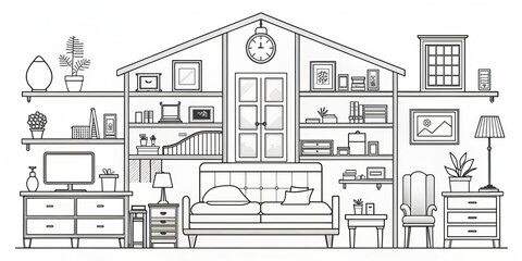 Obraz premium Modern Minimalist Living Room Illustration - Black and White Line Art, Outline Drawing, Home Decor, Interior Design, Furniture ,line art , interior design , home decor , living room