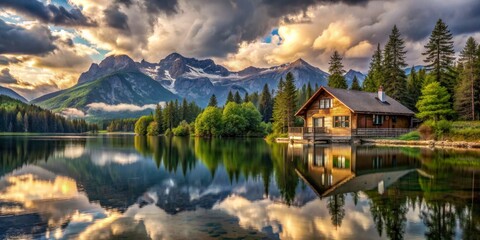 Fototapeta premium Mountain Cabin Reflecting in a Serene Lake, digital art, nature, reflection, landscape, cabin, lake, mountains, water, sky, trees, peaceful, tranquility