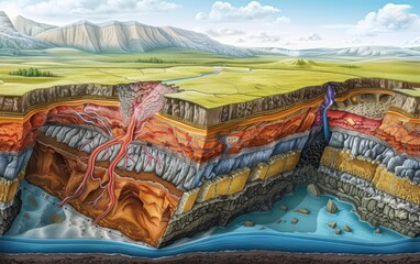 Sedimentology crosssection showing magma flow, groundwater channels, Detailed, Digital