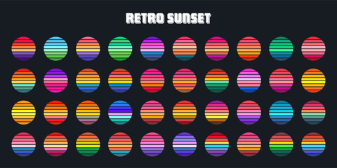 Vintage sunset collection. Colorful striped sunrise badges in 80s and 90s style. Sun and ocean view, summer vibes, surfing. Design element for print, logo or t-shirt. Vector illustration