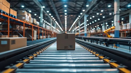 Fototapeta premium Automated warehouse with conveyor belts and robotic arms handling packages for distribution.