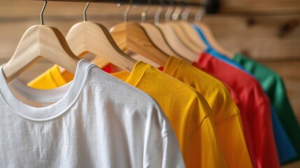 Obraz premium Colorful t-shirts on hangers, close-up view.