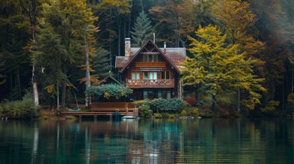 Fototapeta premium Beautiful Lake House Surrounded By Autumn Forest Reflections