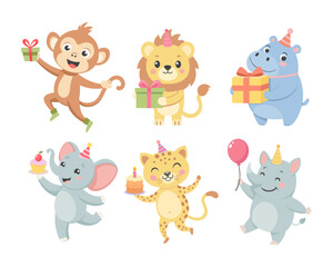 Childrens cute animal set. Birthday greetings, baby animals with party hats, cakes, gift boxes, balloons. Illustrations for birthday party, cards 
