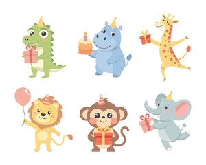 Childrens cute animal set. Birthday greetings, baby animals with party hats, cakes, gift boxes, balloons. Illustrations for birthday party, cards 