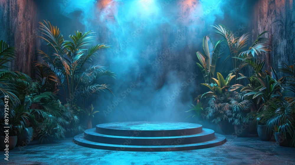 Wall mural Tropical Stage with Blue Lighting and Smoke