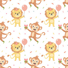 Festive seamless pattern, cute baby African animals in festive hats, gift boxes, balloons and confetti. Background for birthday party. Packaging, textiles