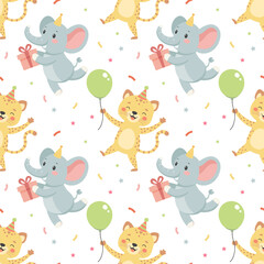 Festive seamless pattern, cute baby African animals in festive hats, gift boxes, balloons and confetti. Background for birthday party. Packaging, textiles