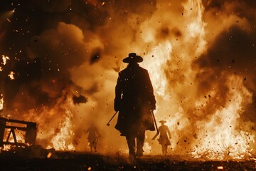 A silhouetted figure walks away from explosive flames in a dramatic Western scene.