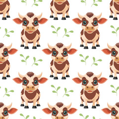 Seamless pattern, cute spotted cows with flowers on a white background. Farm animal background. Print, textile
