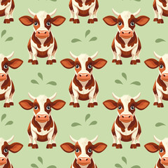 Seamless pattern, cute spotted cows with flowers on a white background. Farm animal background. Print, textile