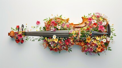 Violin made of flowers. The violin is decorated with a variety of flowers, including roses, lilies, and daisies. The violin is placed on a white background, which makes the flowers stand out. The